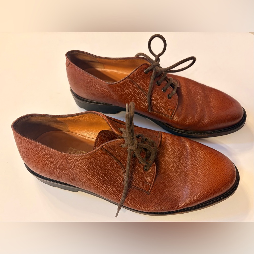 Salvatore Ferragamo Brown Pebbled Leather Oxfords, Size 10. Made in Italy.
